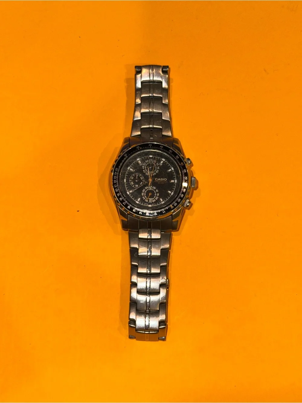 Casio MTP-4500 Chronograph WR 50M Watch Silver Black Slide Rule Bezel NEW BATT